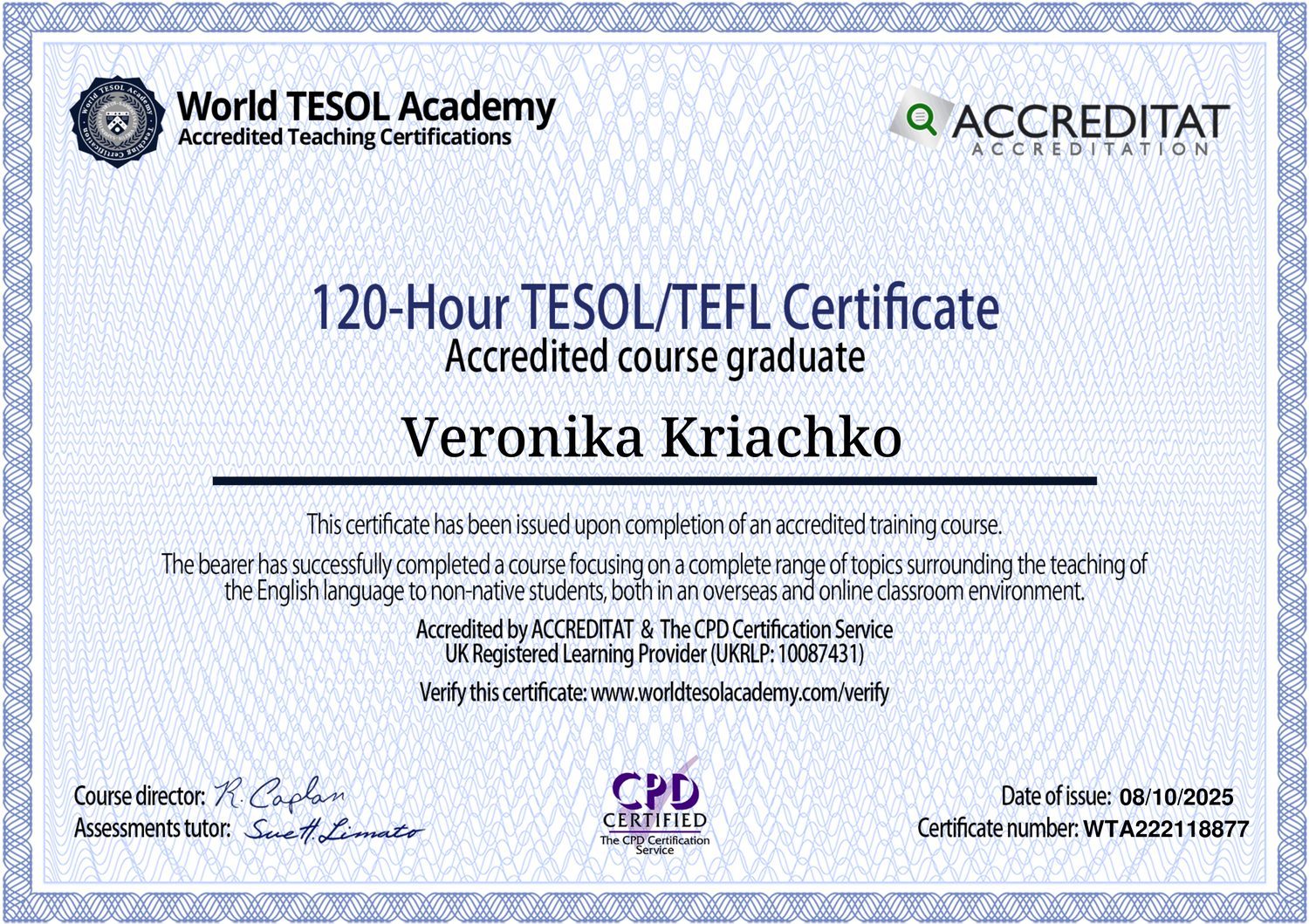 Сертифікат World TESOL Academy, Veronika Kriachko